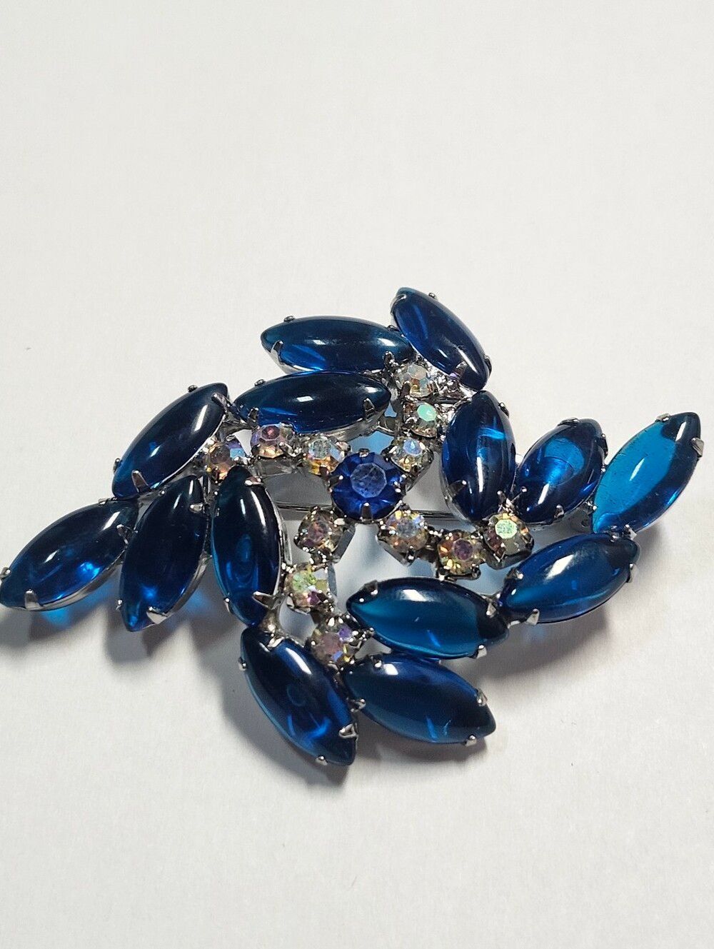 Vintage Blue Glass Cabochon Swirl Brooch With AB Rhinestones Blue Statement